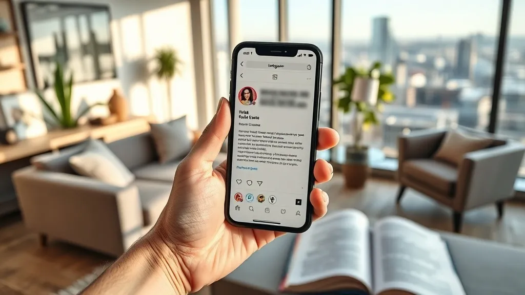 Mão segurando celular com perfil do Instagram em foco, com sala de estar aconchegante e vista da cidade ao fundo.