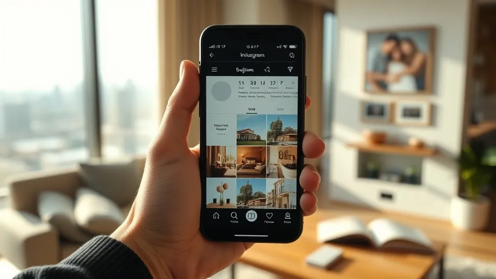 Mão segurando celular com perfil profissional de corretor no Instagram, com sala de estar e vista da cidade ao fundo.