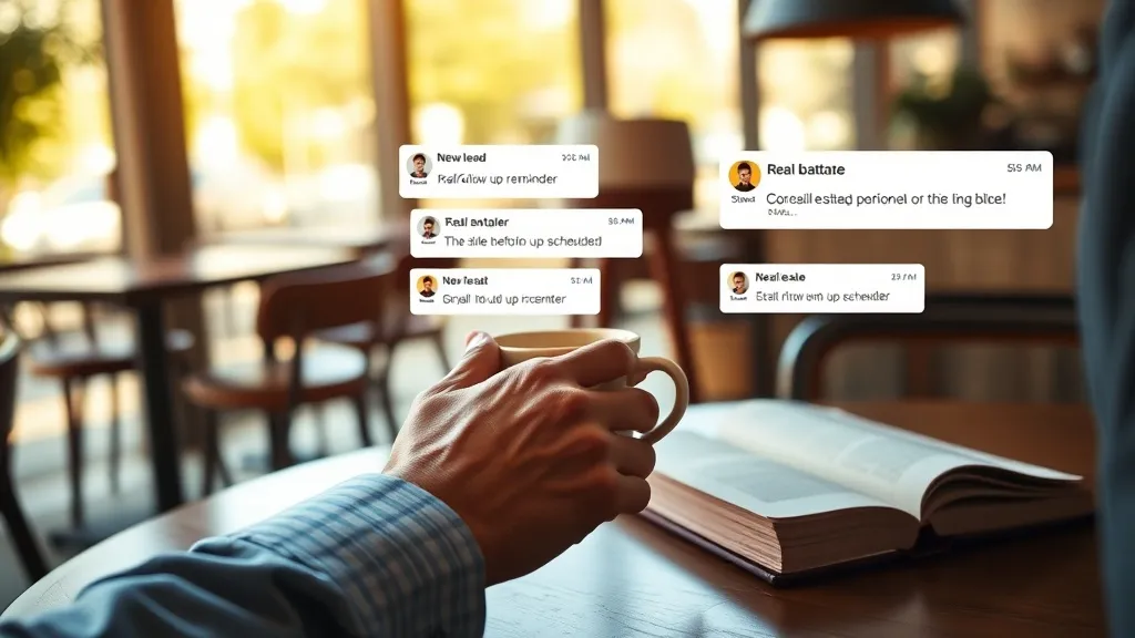 Vista em close de um corretor de imóveis em uma cafeteria, com a mão parada segurando um café enquanto o celular na mesa recebe uma enxurrada de notificações de novos leads e lembretes.