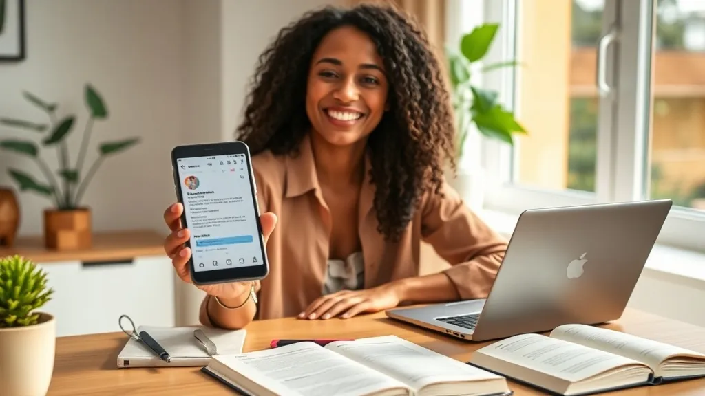 Corretor de imóveis em home office, sorrindo ao celular com conteúdo educativo no Instagram, transmitindo confiança e autoridade.