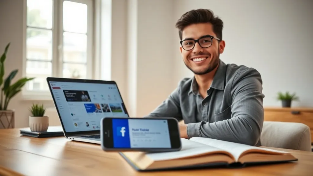 Jovem corretor de imóveis sorrindo em escritório com laptop e celular mostrando anúncio no Facebook