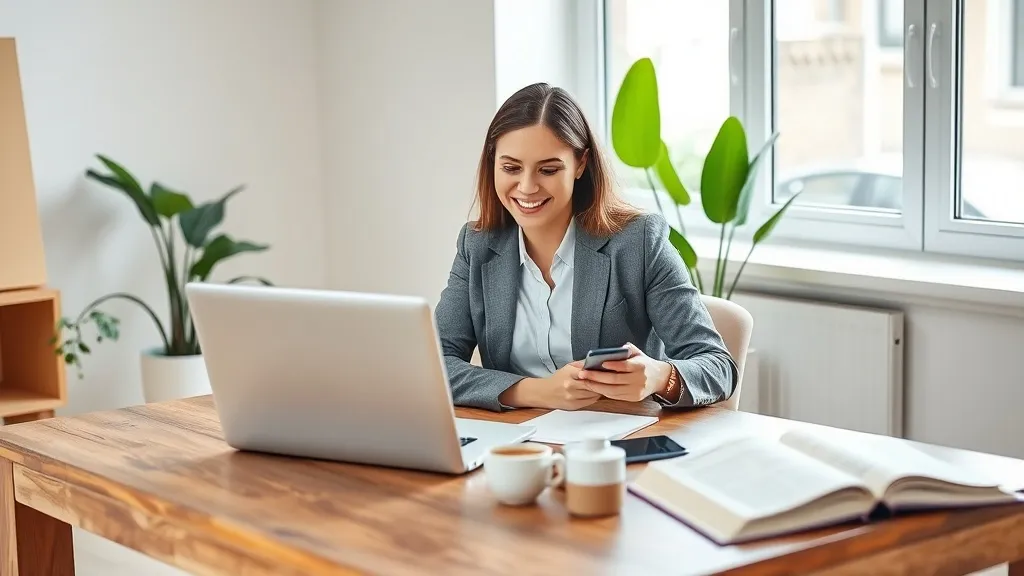 Corretor de imóveis sorrindo ao ler mensagem no celular em escritório moderno com laptop e café
