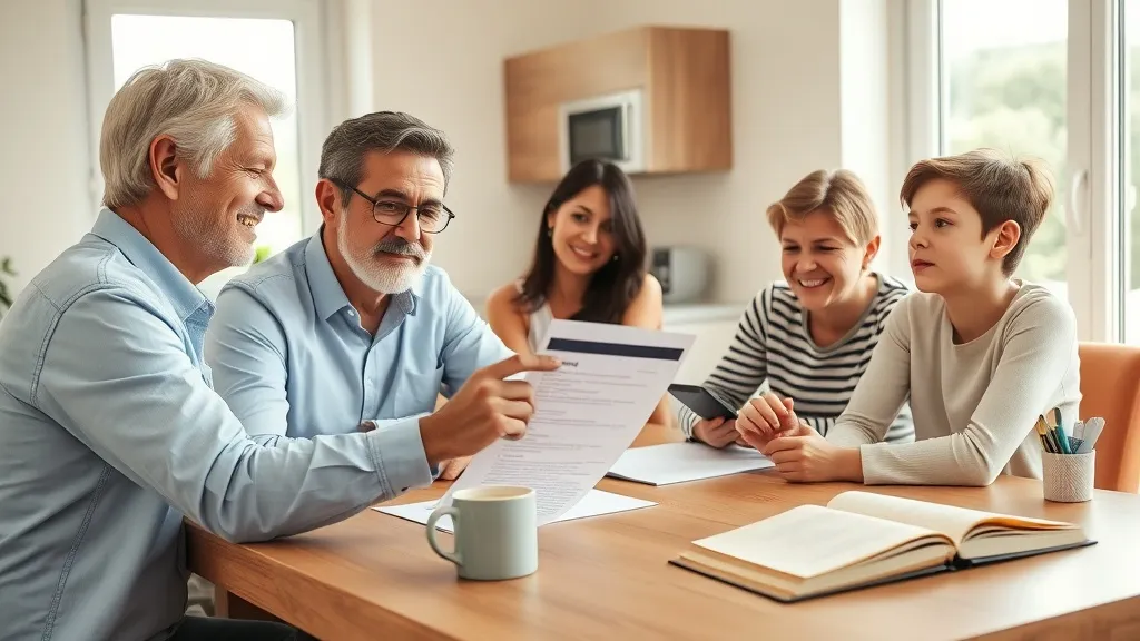 Corretor imobiliário revisando checklist de transição com família de compradores na cozinha do novo imóvel, demonstrando suporte e organização
