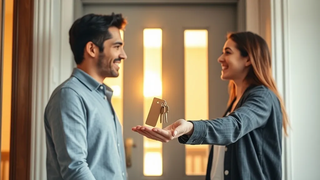 Corretor imobiliário entregando chaves de um novo apartamento para um casal feliz, simbolizando confiança e início de relacionamento pós-venda