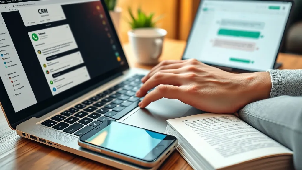 Mãos de corretor digitando em laptop com smartphone ao lado, mostrando integração entre WhatsApp e CRM imobiliário.
