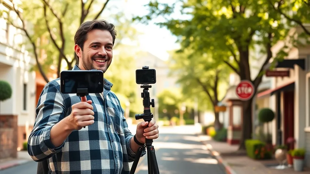 Corretor de imóveis gravando um vídeo com um celular em um tripé em uma rua arborizada de um bairro residencial, apontando para uma cafeteria local, ilustrando a produção de conteúdo de autoridade sobre o bairro.