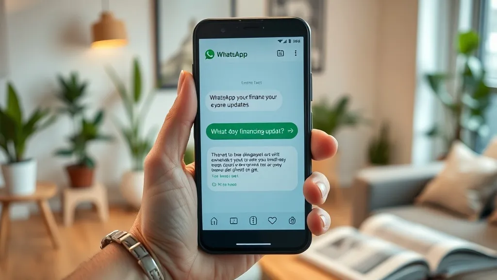 Mão segurando smartphone com mensagem de WhatsApp sobre atualização de financiamento, ao fundo sala decorada com plantas