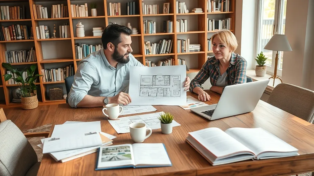 Arquiteto e cliente em reunião de projeto, analisando plantas e amostras de materiais em um escritório acolhedor.