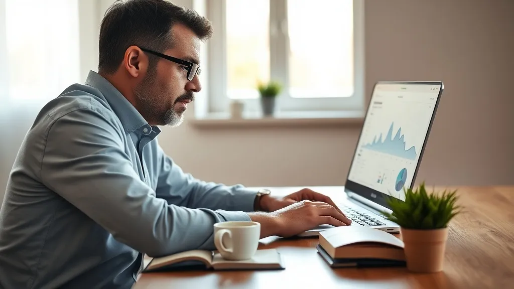 Dono de imobiliária analisando dashboard em laptop com expressão de descoberta
