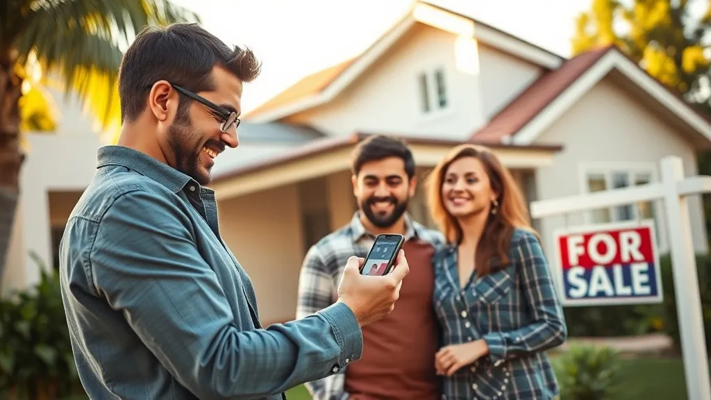 Corretor de imóveis mostrando fotos de um imóvel no celular para um casal em frente a uma casa com placa de venda