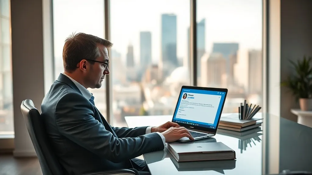 Homem de terno sentado em escritório moderno olhando laptop com perfil do LinkedIn, transmitindo autoridade e prospecção B2B no setor imobiliário.