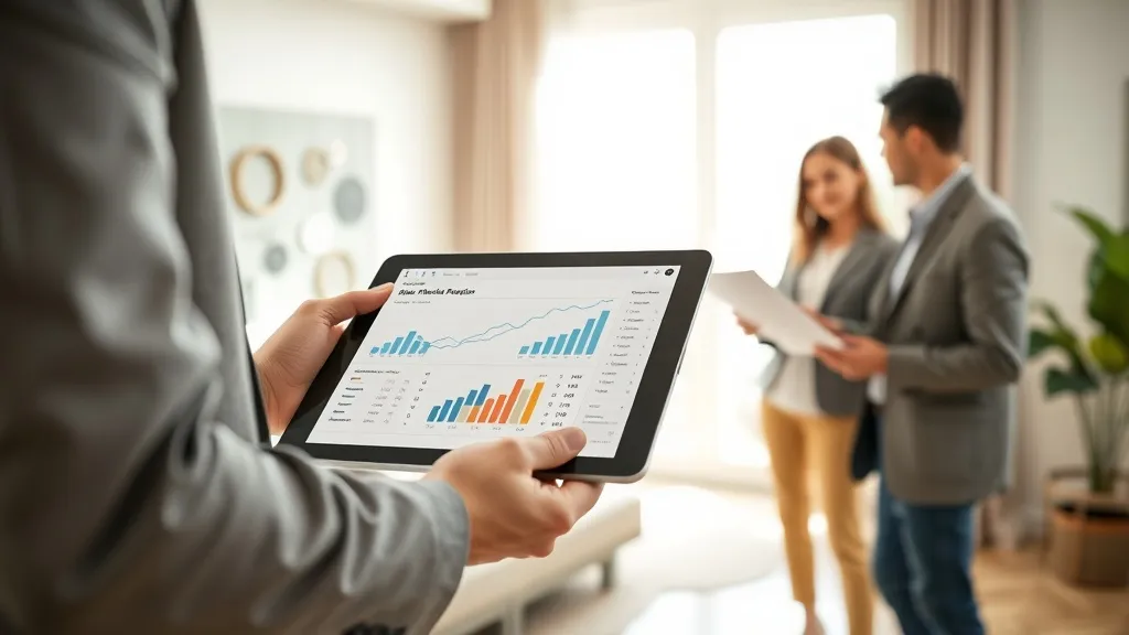 Mãos de corretora segurando tablet com gráficos em apartamento, com casal ao fundo conversando com outro corretor, representando análise de indicadores de mercado