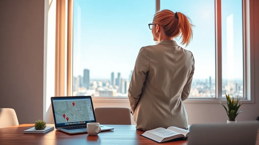Corretora de imóveis em escritório moderno olhando para horizonte de cidade, com laptop e mapa na mesa, simbolizando planejamento estratégico de expansão