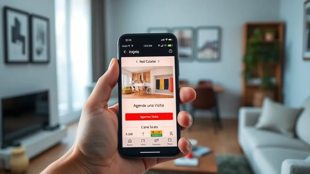 Mão segurando smartphone com site imobiliário aberto e botão de agendamento de visita