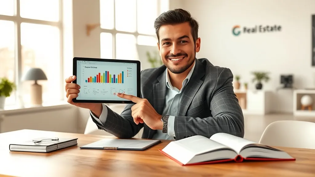 Corretor de imóveis confiante apontando para gráficos em tablet em escritório moderno