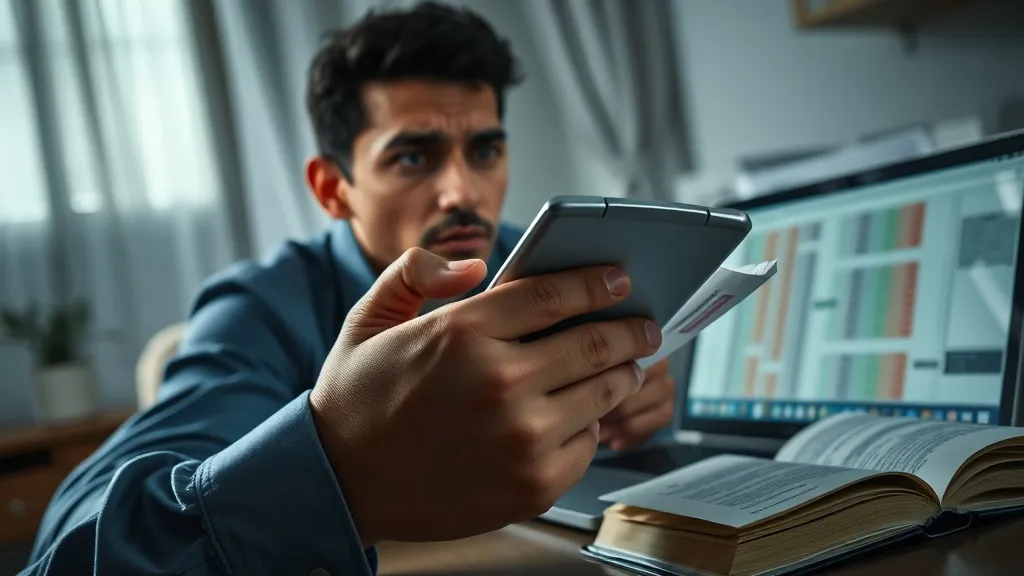 Mãos de corretor segurando calculadora e contas, com expressão preocupada, representando os desafios de fluxo de caixa nos primeiros meses da imobiliária.