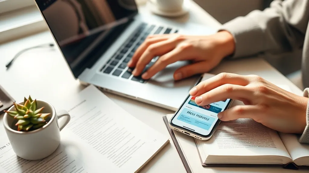 Mãos digitando em laptop com celular ao lado mostrando interface de newsletter