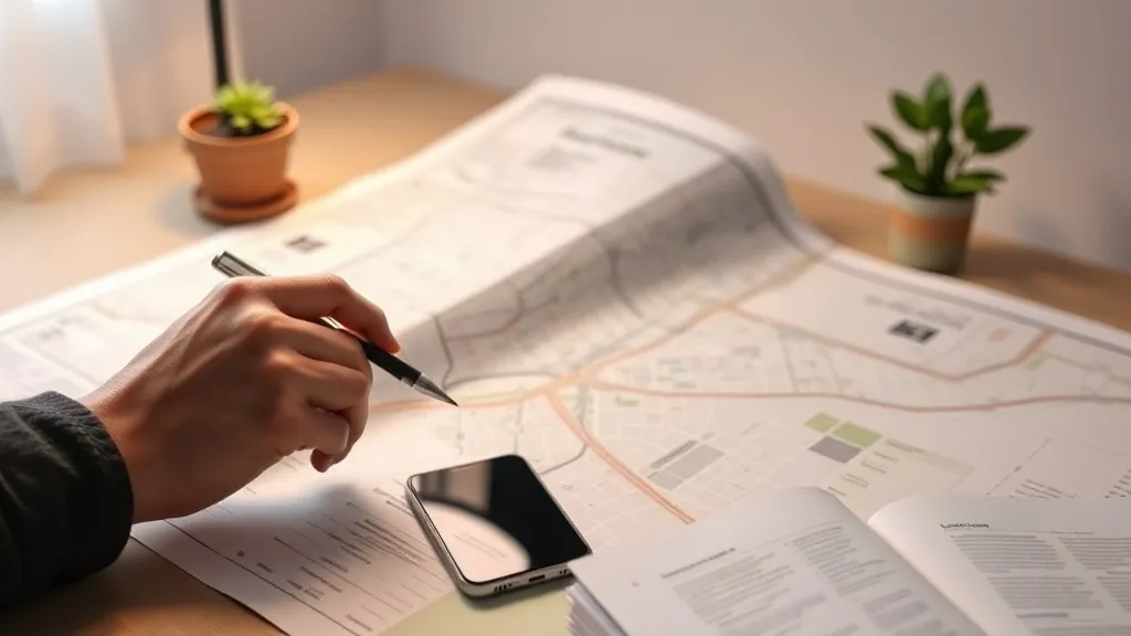 Mão de corretor apontando para um bairro em um mapa de papel sobre a mesa, ao lado de um celular